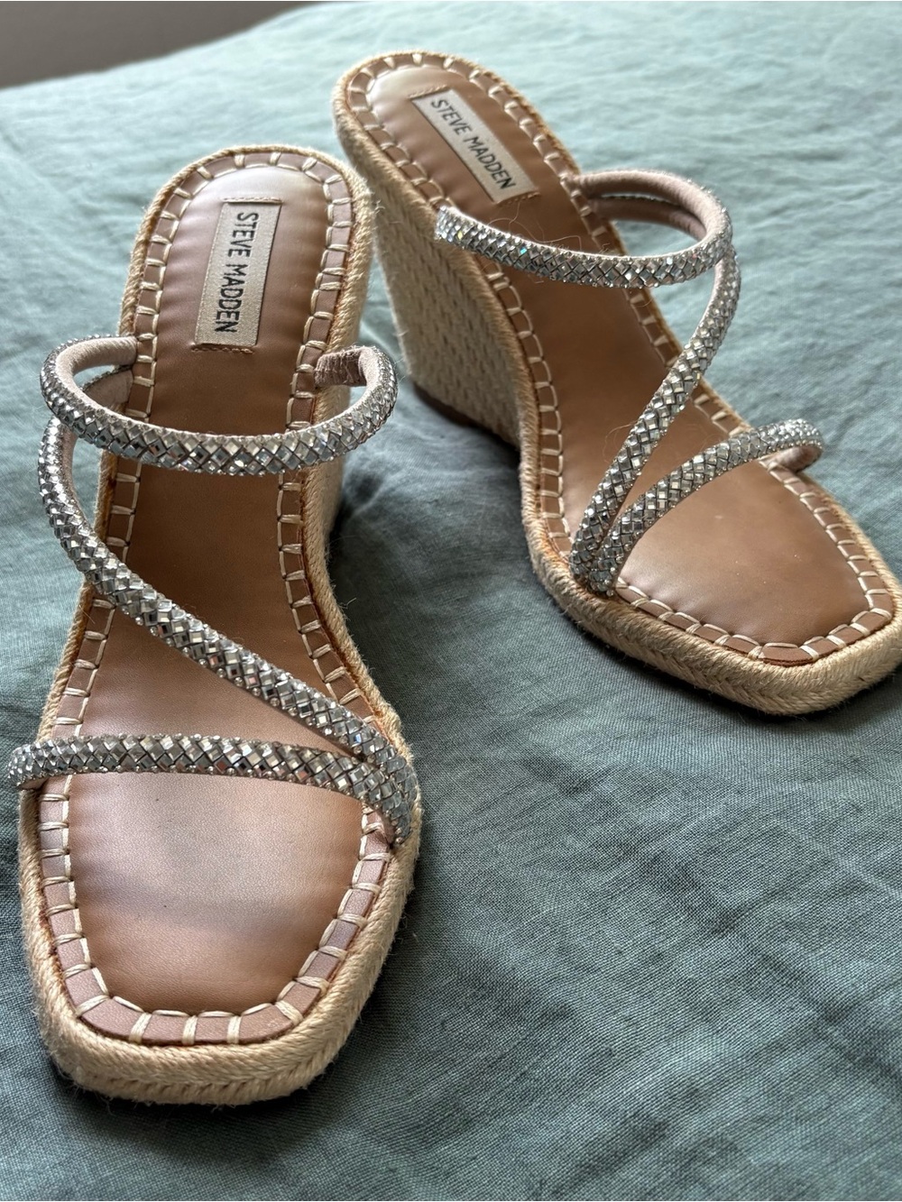 Steve Madden Tan Espadrille Wedge Sandals with Silver Crystal Straps